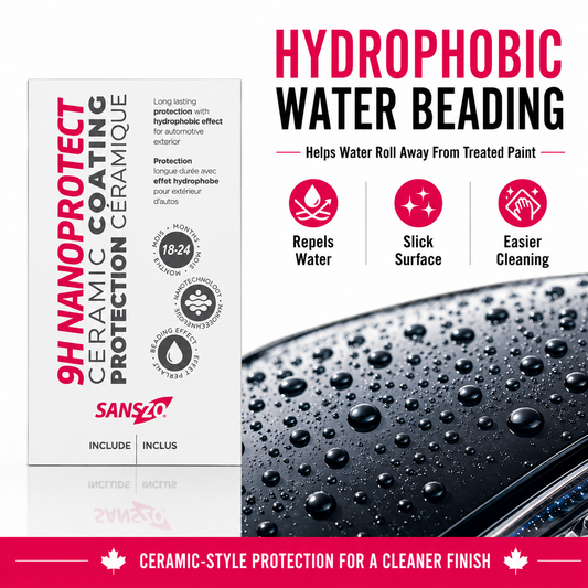 Hydrophobic water beading on vehicle paint after applying SansZo 9H NanoProtect ceramic coating.