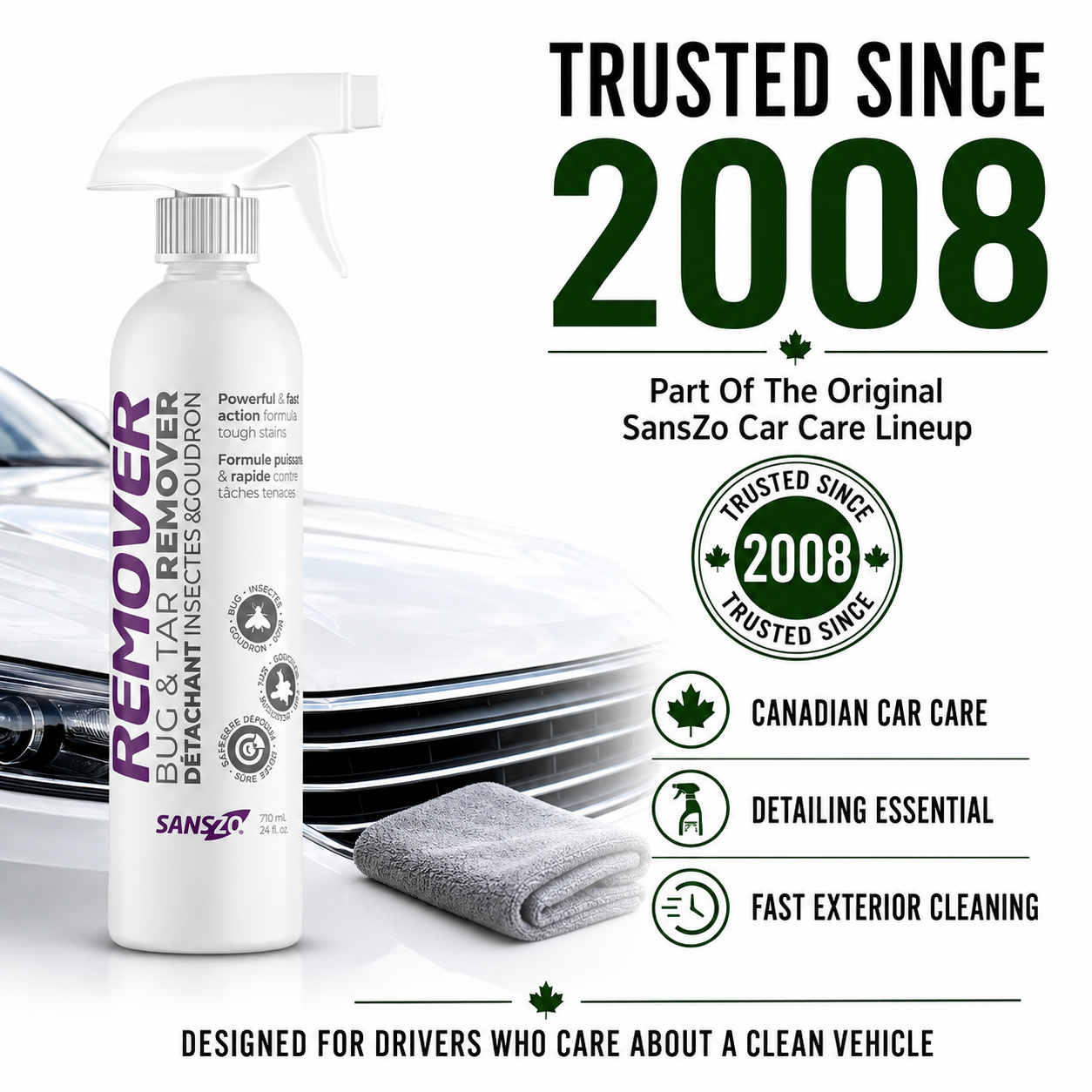 SansZo Bug and Tar Remover trusted by Canadian drivers since 2008 for exterior car cleaning and detailing.
