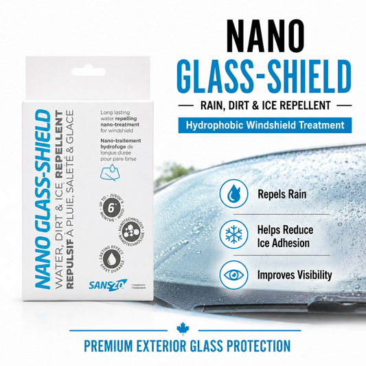 SansZo Nano Glass-Shield rain repellent windshield treatment helps repel rain, dirt and ice from exterior automotive glass.