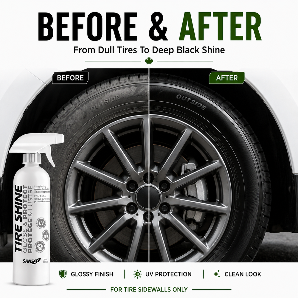 SansZo Tire Shine Spray | Water-Based Tire Dressing with Gloss Finish & UV Protection visual proof