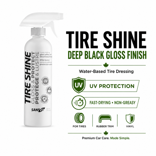 SansZo Tire Shine Spray water-based tire dressing for deep black glossy tires with UV protection