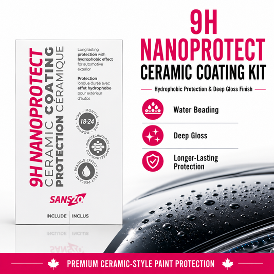 SansZo 9H NanoProtect Ceramic Coating Kit adds hydrophobic paint protection and a deep gloss finish to exterior vehicle surfaces.
