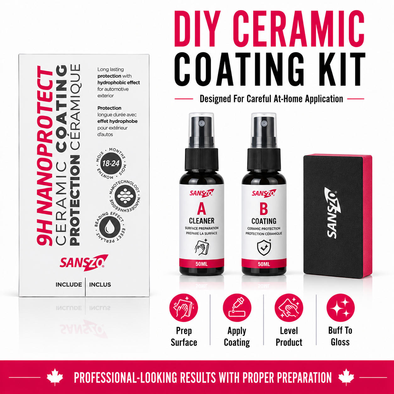 SansZo 9H NanoProtect DIY ceramic coating kit includes components for careful at-home application.