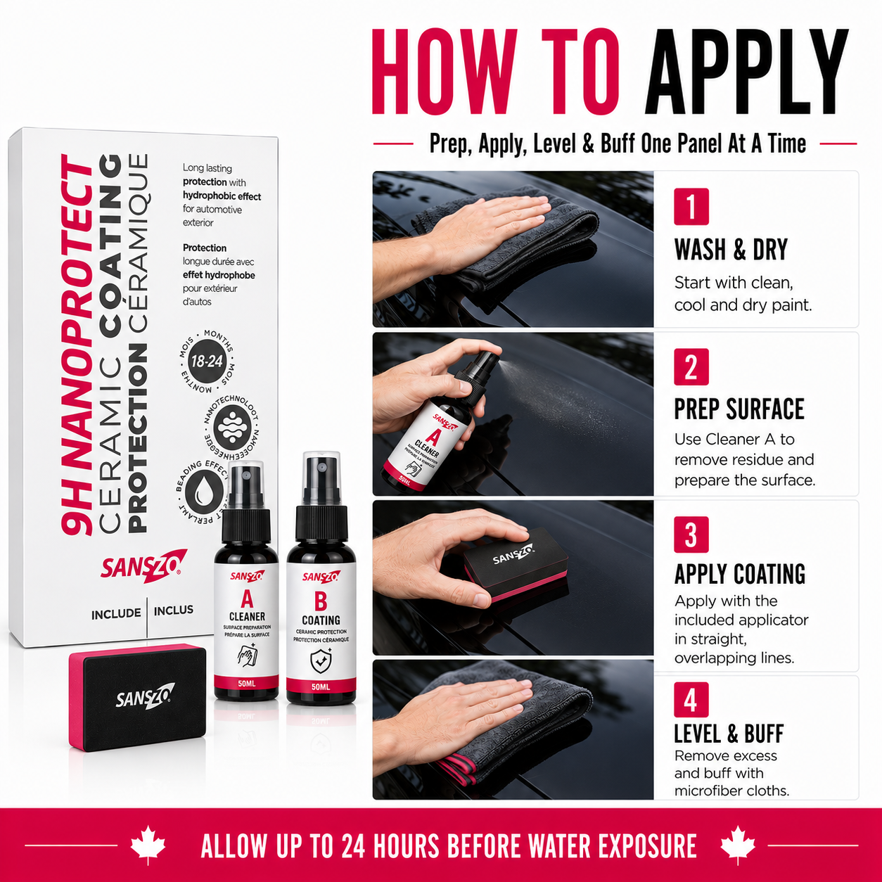 How to apply SansZo 9H NanoProtect ceramic coating: prep, apply, level and buff one panel at a time.