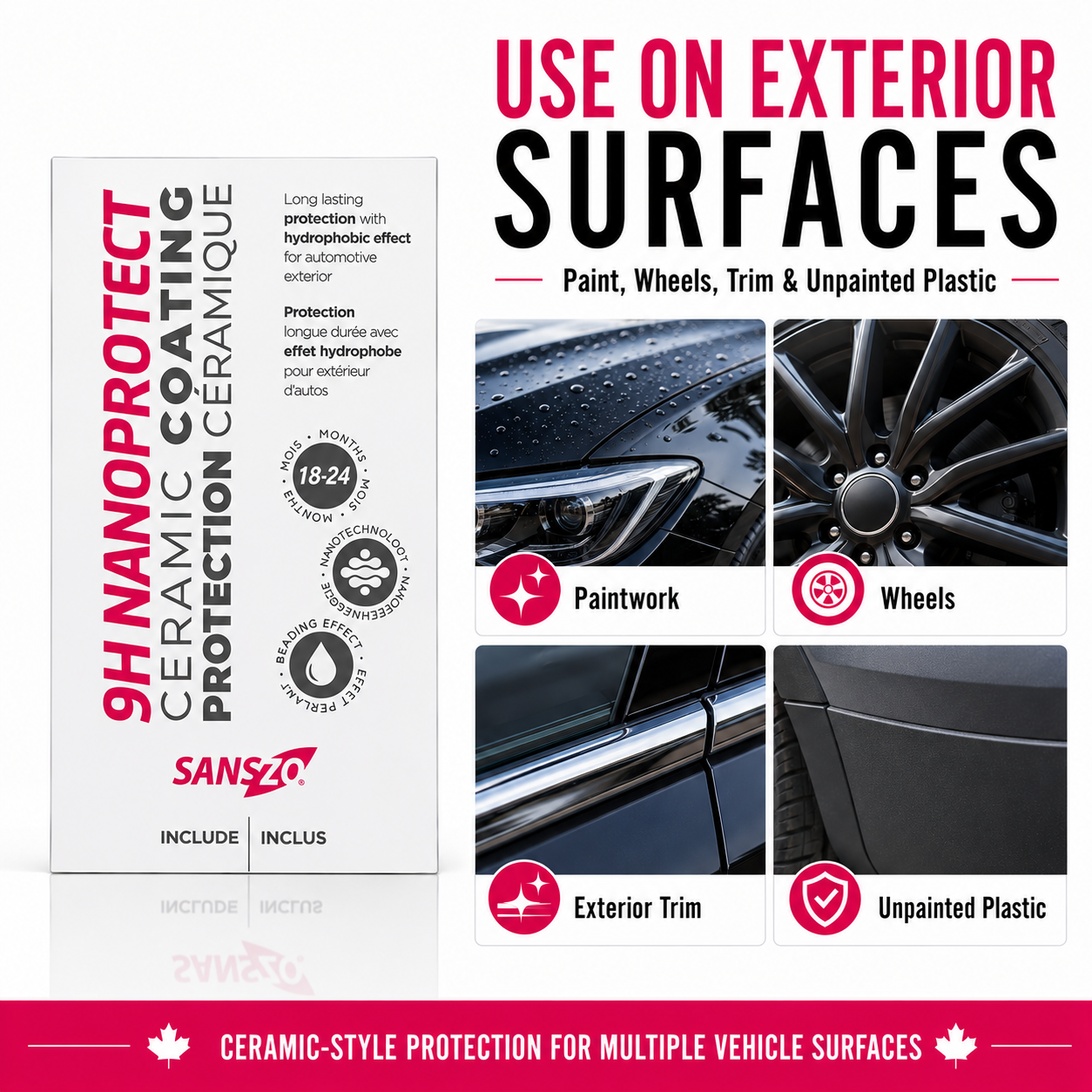 SansZo 9H NanoProtect can be used on paint, wheels, exterior trim and unpainted plastic when used as directed.