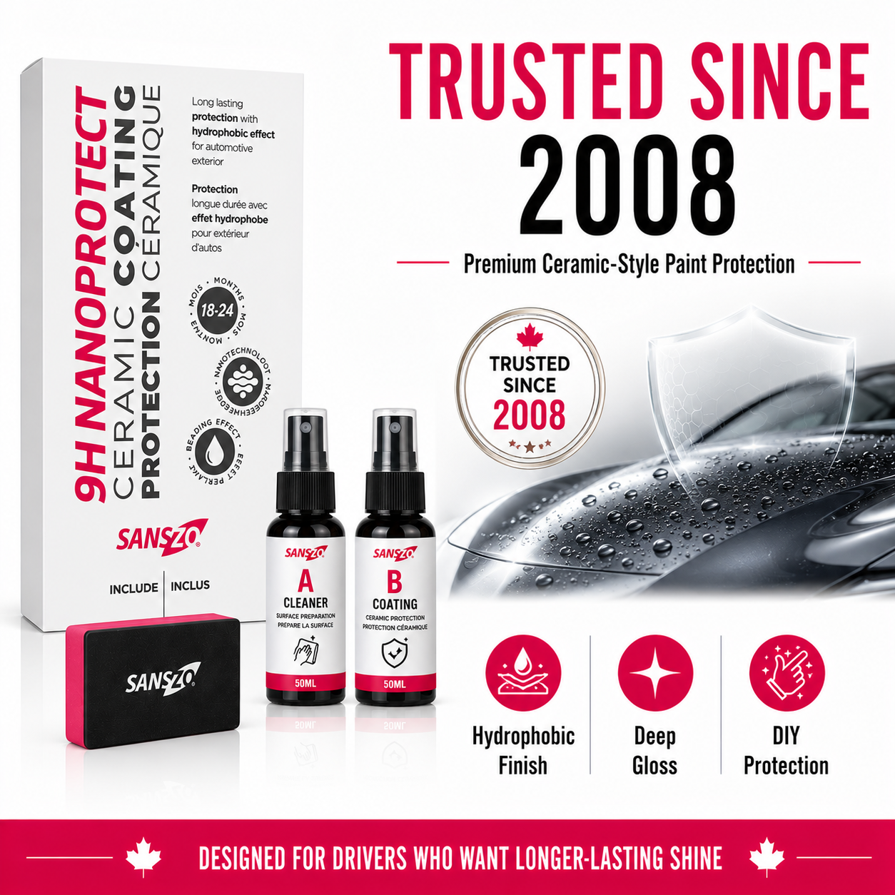 SansZo 9H NanoProtect ceramic coating trusted since 2008 for premium Canadian car care and exterior paint protection.