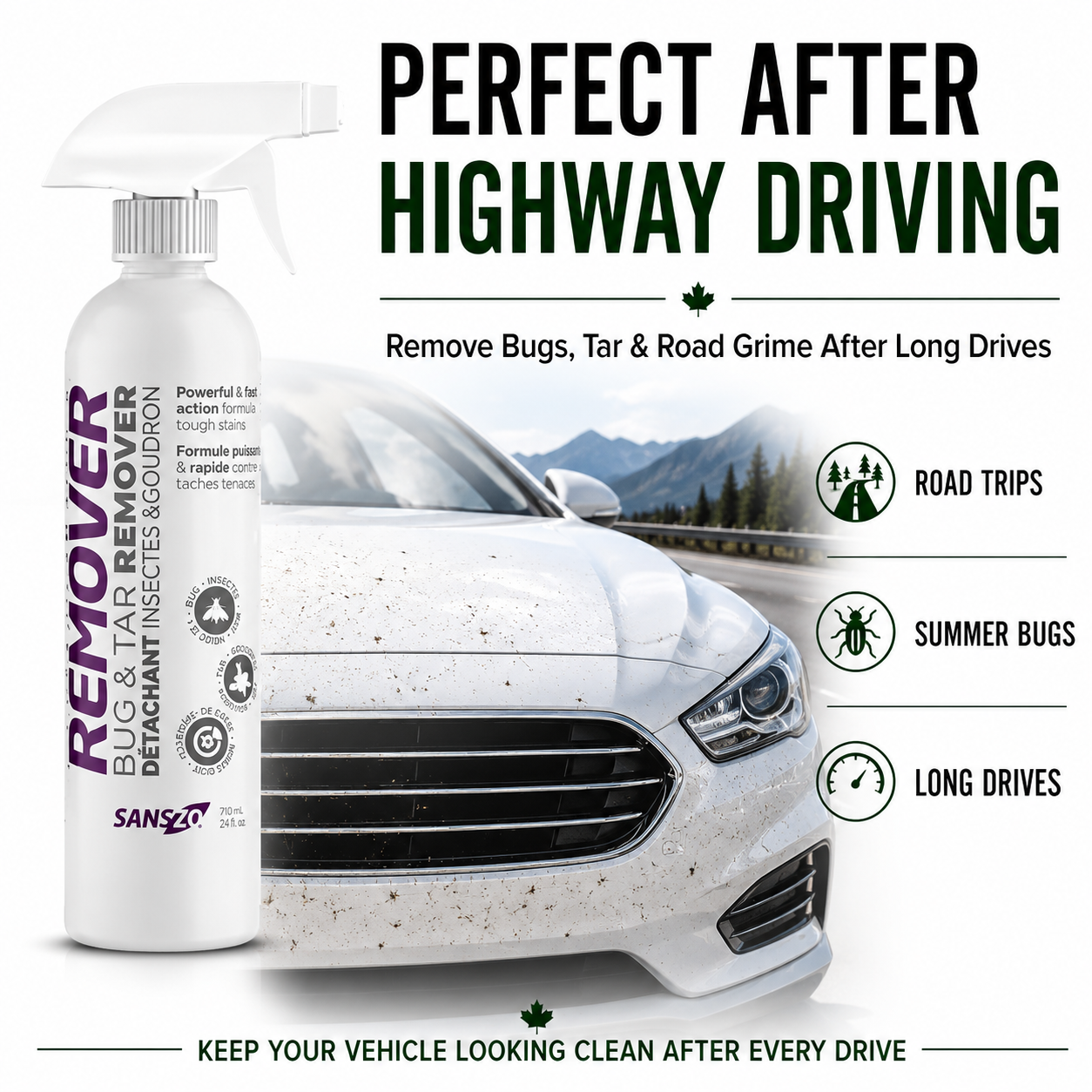 SansZo Bug and Tar Remover is ideal after highway driving, road trips and bug-heavy summer conditions.