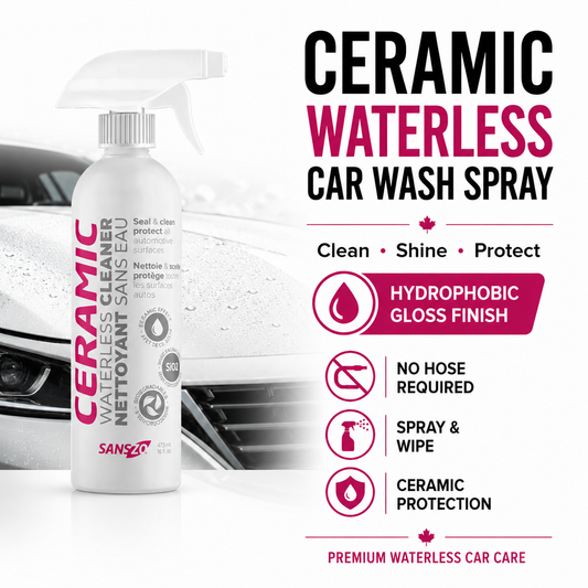 SansZo Ceramic Waterless Car Wash Spray cleans, shines and protects exterior vehicle surfaces with a glossy hydrophobic finish.