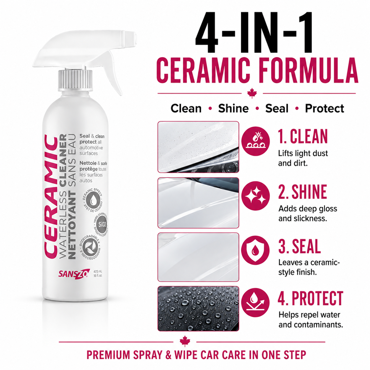 SansZo Ceramic Waterless 4-in-1 formula cleans, shines, seals and protects in one spray and wipe step.