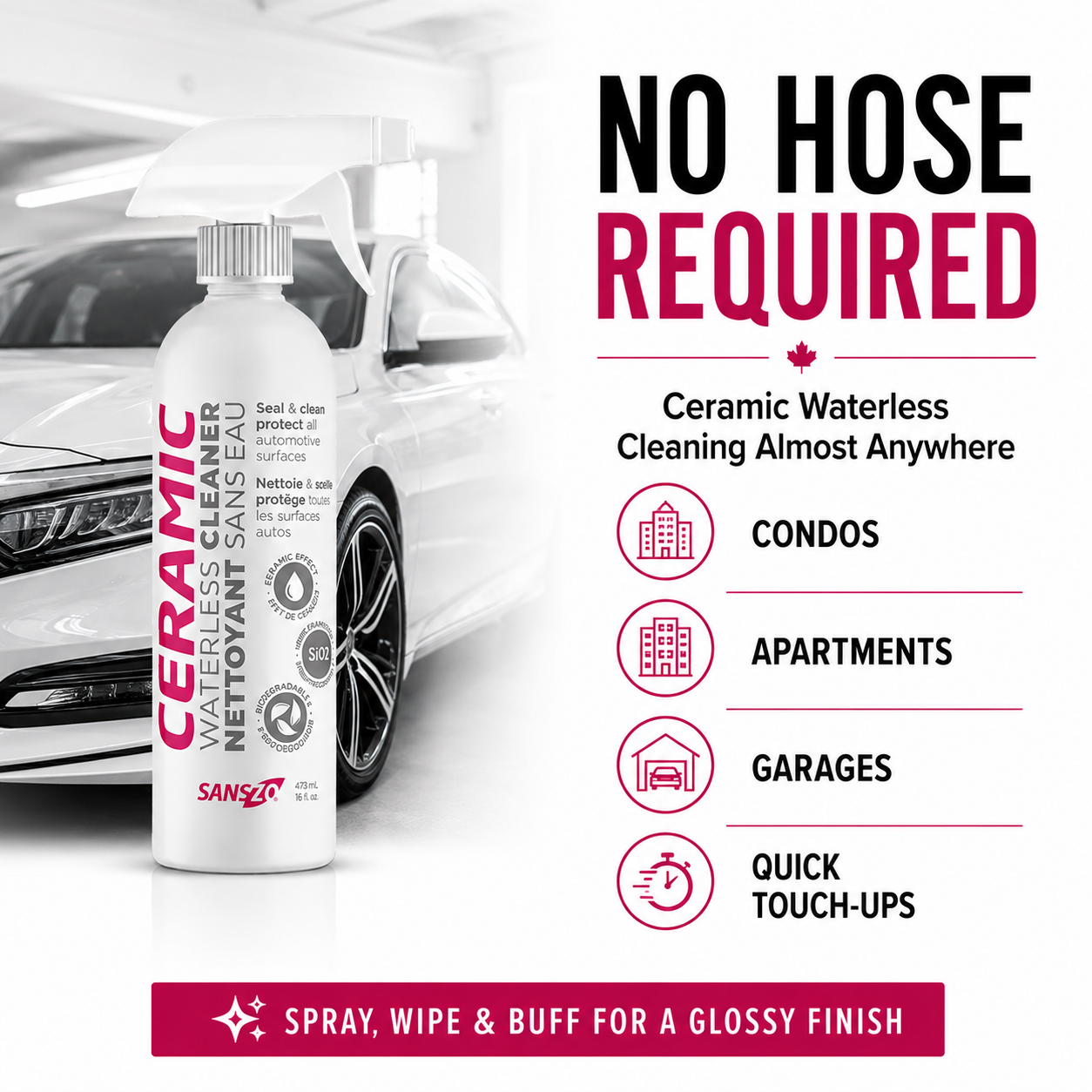 No hose ceramic waterless car wash spray for condos, apartments, garages and quick vehicle detailing.