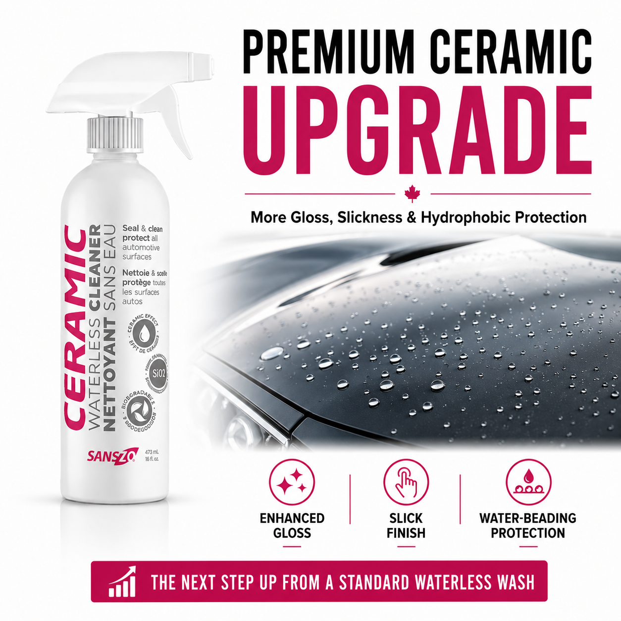SansZo Ceramic Waterless is a premium upgrade from Original Waterless with more gloss, slickness and hydrophobic protection.