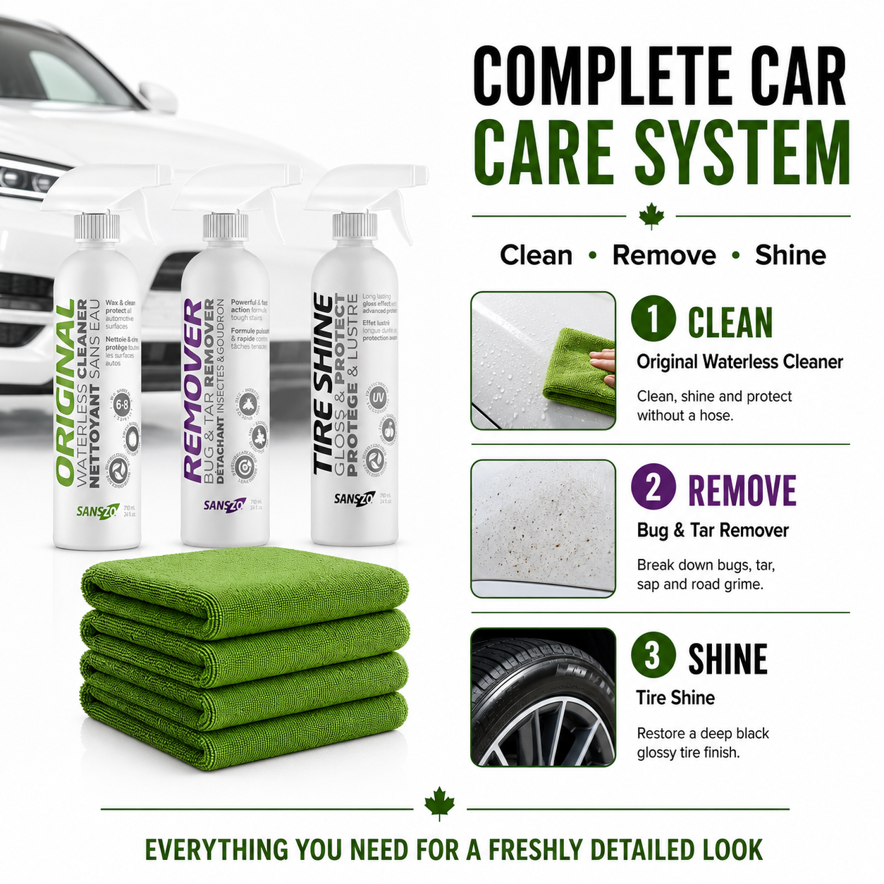 Complete SansZo car care system to clean vehicle surfaces, remove bugs and tar, and shine tires.