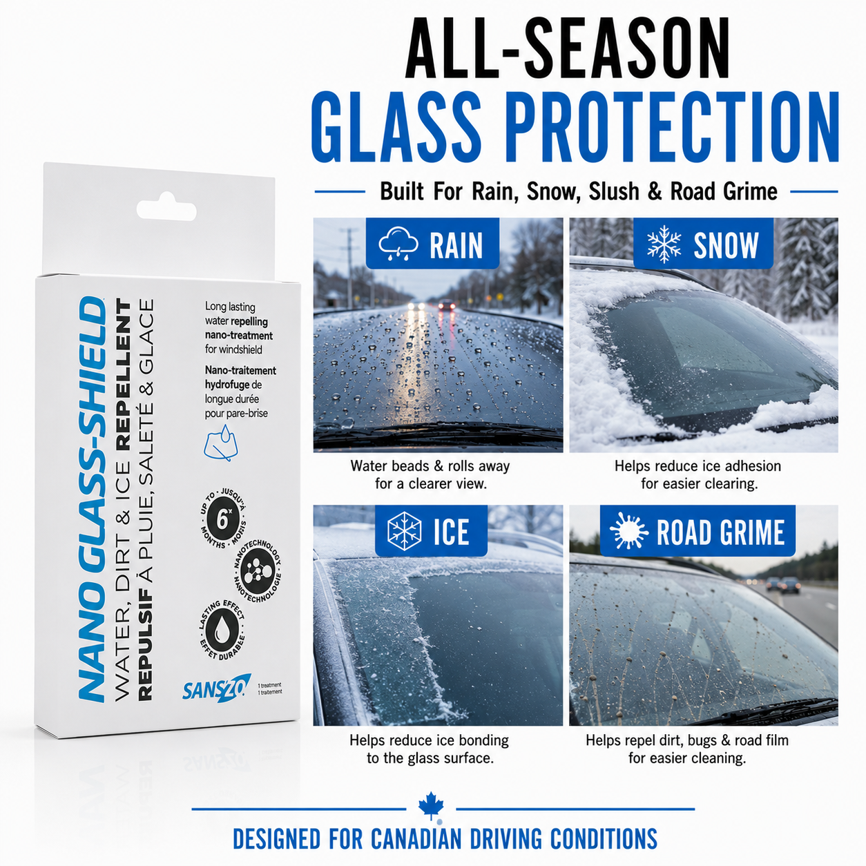 SansZo Nano Glass-Shield all-season windshield treatment for rain, snow, slush, road grime and Canadian driving conditions.