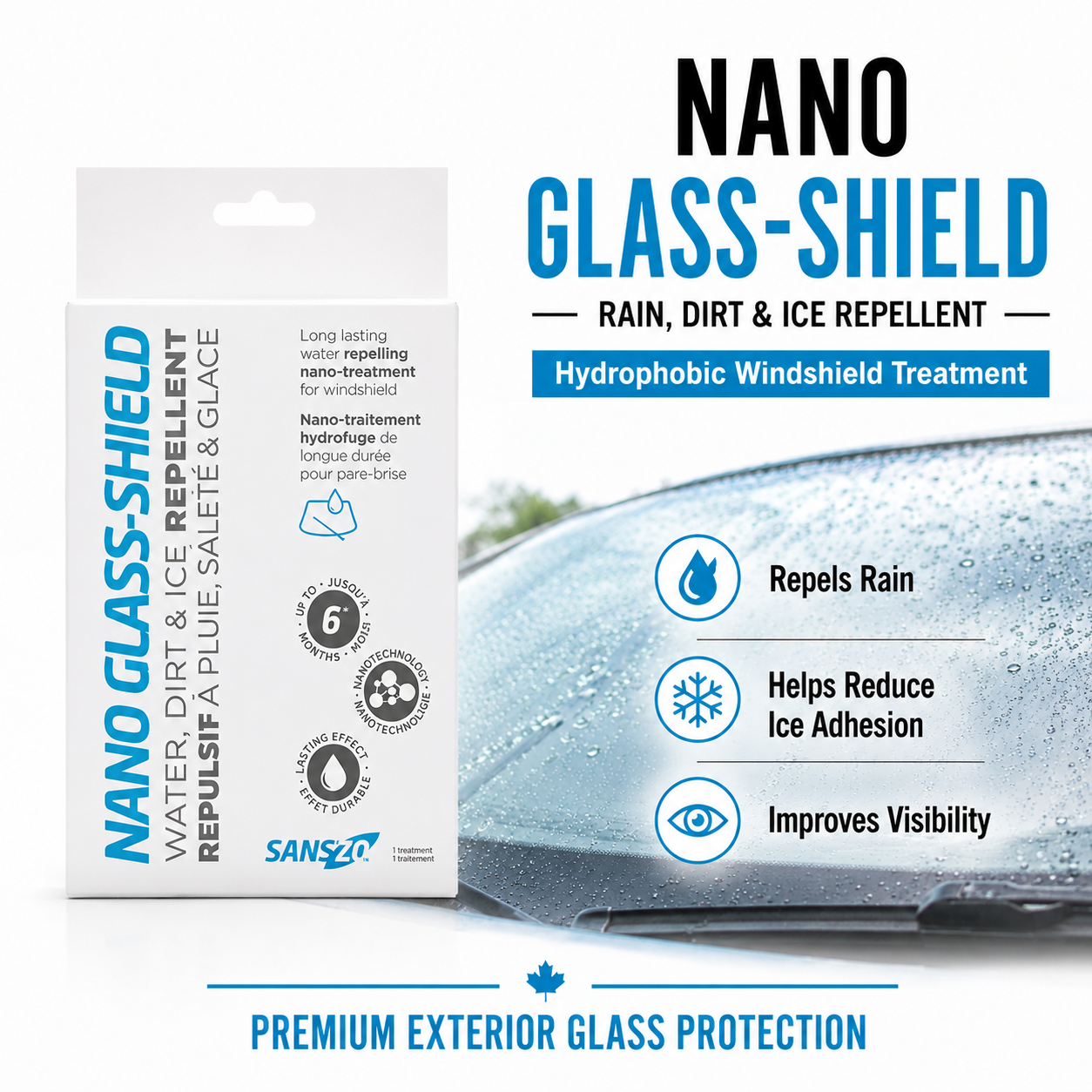 SansZo Nano Glass-Shield rain repellent windshield treatment helps repel rain, dirt and ice from exterior automotive glass.