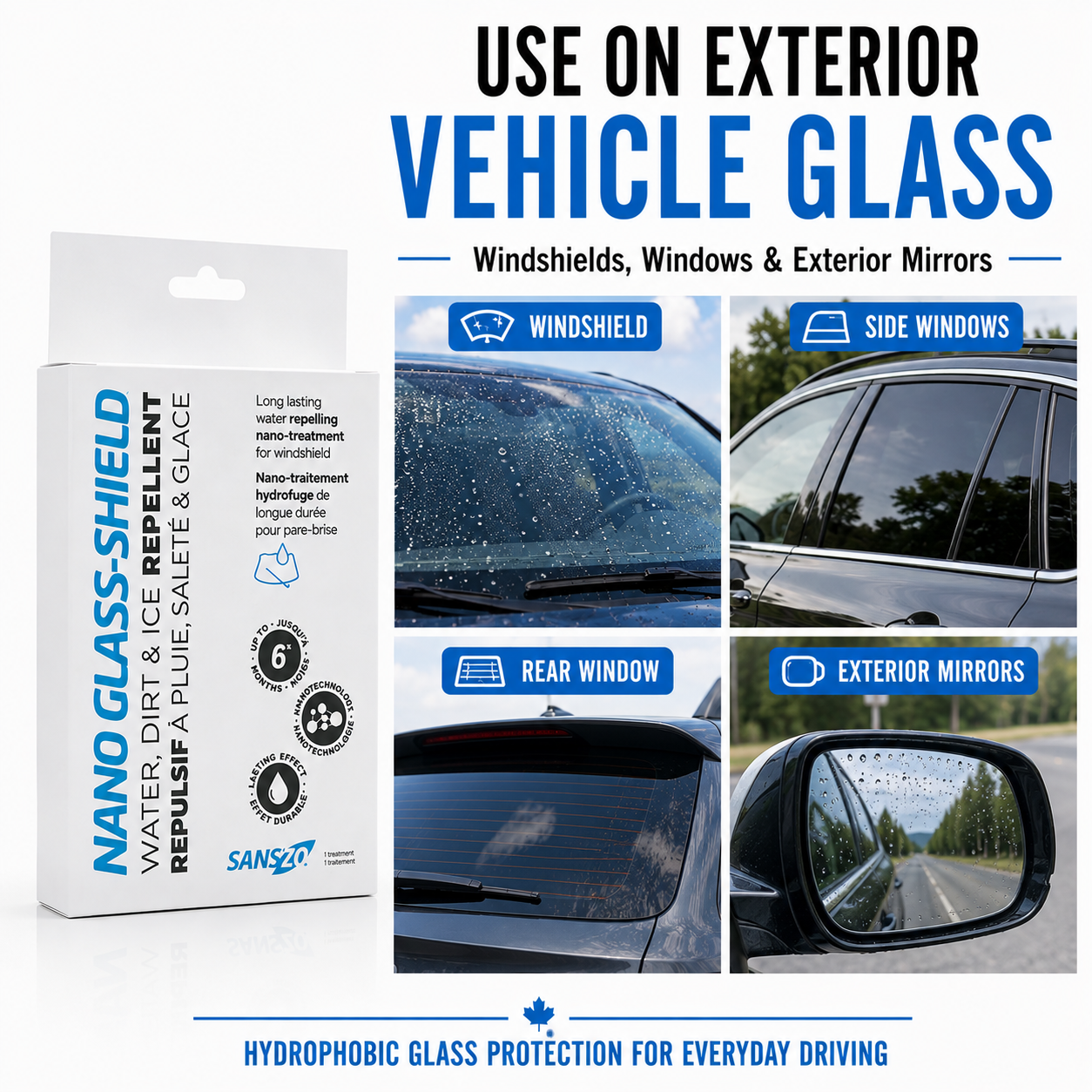 SansZo Nano Glass-Shield is designed for exterior vehicle glass including windshields, side windows, rear windows and mirrors.