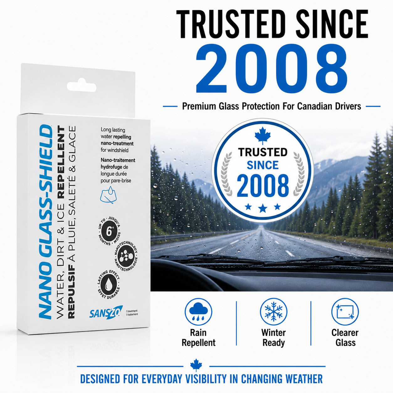 SansZo Nano Glass-Shield trusted since 2008 for Canadian drivers needing rain repellent windshield protection and clearer exterior glass.