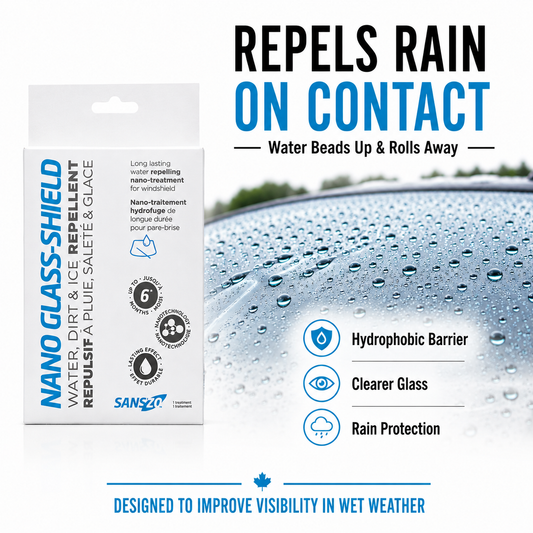Water beading on treated windshield glass after using SansZo Nano Glass-Shield hydrophobic glass treatment.