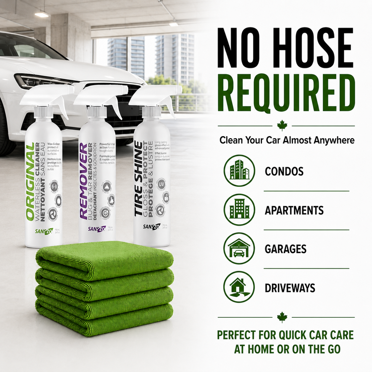 SansZo no hose car detailing kit for condos, apartments, garages and quick vehicle cleaning.