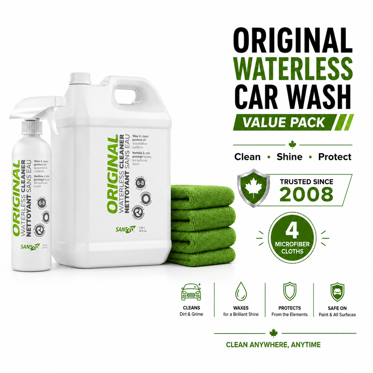 SansZo Original Waterless Car Wash Value Pack with 20 oz spray bottle, 64 oz refill and 4 microfiber cloths for Canadian car care.