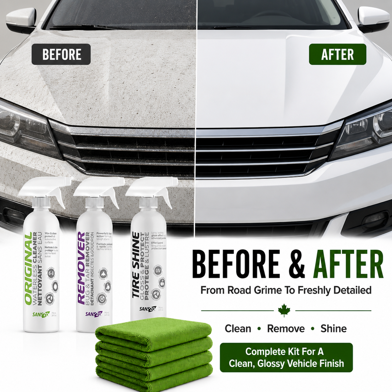 Before and after car detailing result using SansZo Starter Pack for a clean glossy vehicle finish.