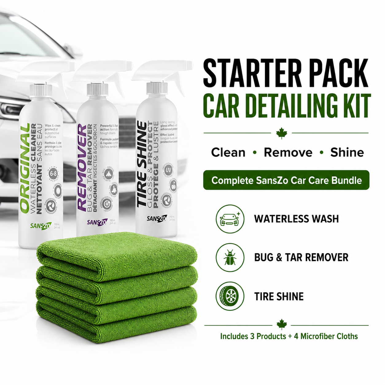 SansZo Starter Pack car detailing kit with waterless cleaner, bug and tar remover, tire shine and 4 microfiber cloths.