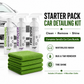 SansZo Starter Pack car detailing kit with waterless cleaner, bug and tar remover, tire shine and 4 microfiber cloths.