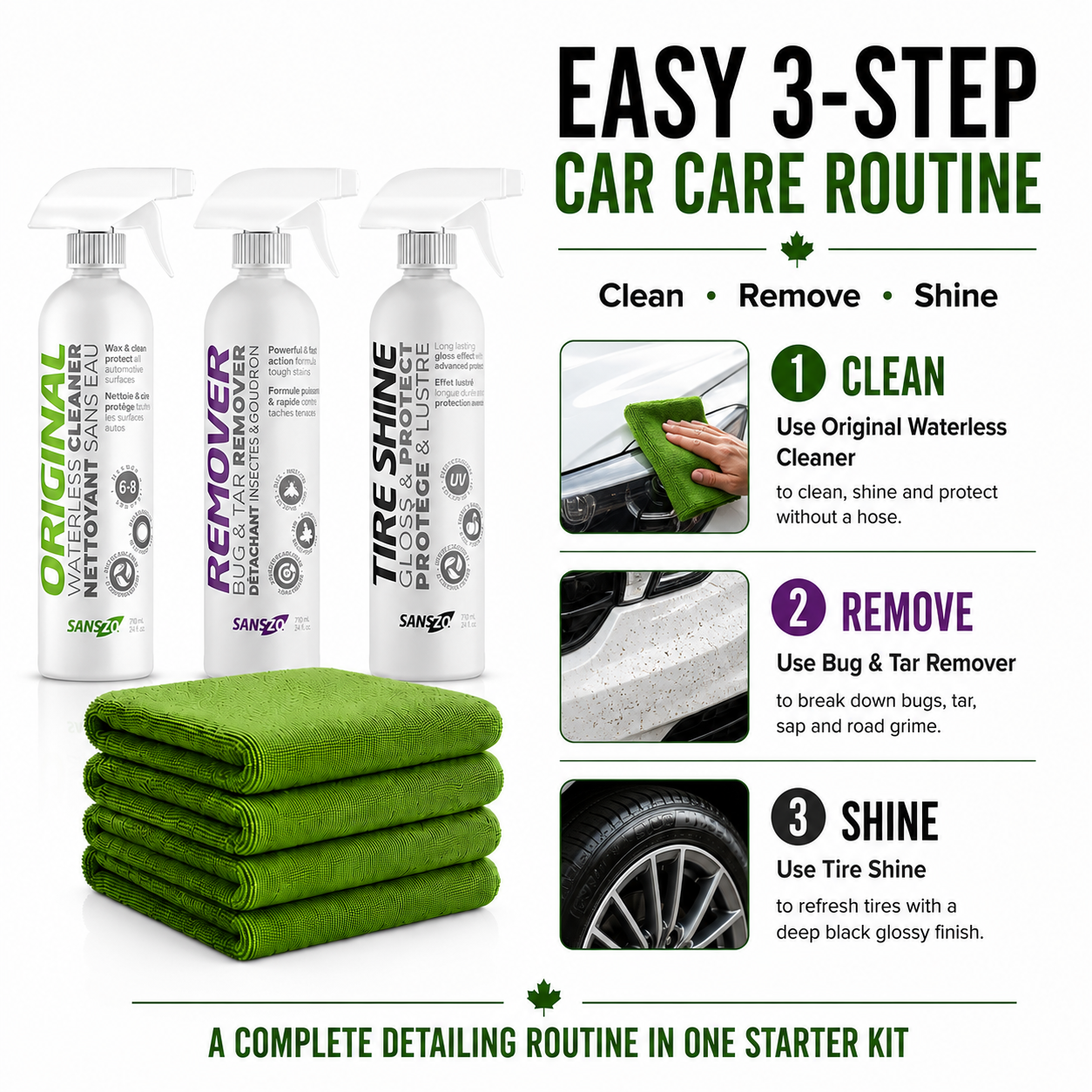 Easy 3-step SansZo car care routine: clean with waterless wash, remove residue, and finish tires with tire shine
