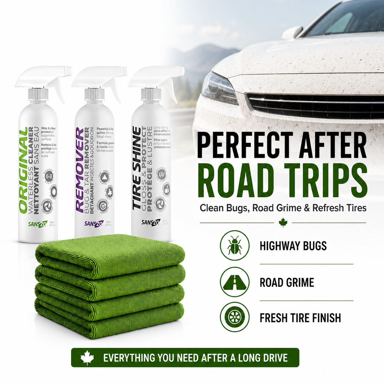 SansZo Starter Pack is ideal after road trips and highway driving for cleaning bugs, road grime and refreshing tires