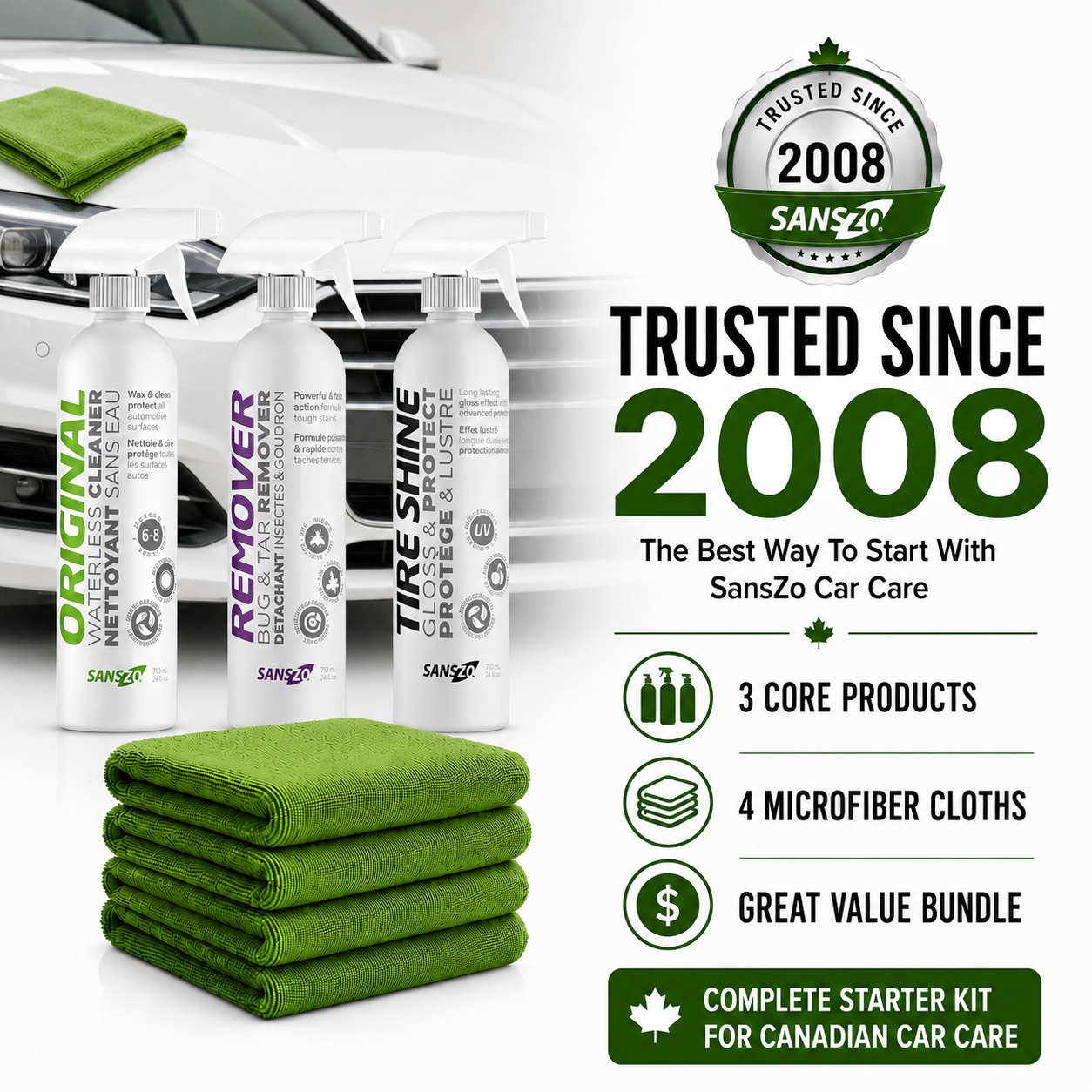 SansZo Starter Pack value bundle trusted since 2008 for Canadian car care and exterior detailing.