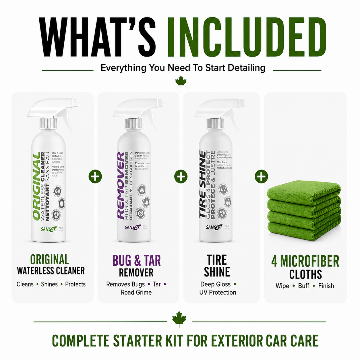 SansZo Starter Pack includes Original Waterless Cleaner, Bug and Tar Remover, Tire Shine and 4 microfiber cloths.
