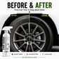 Before and after tire shine result showing dull tire sidewall transformed into a deep black glossy finish with SansZo Tire Shine Spray.