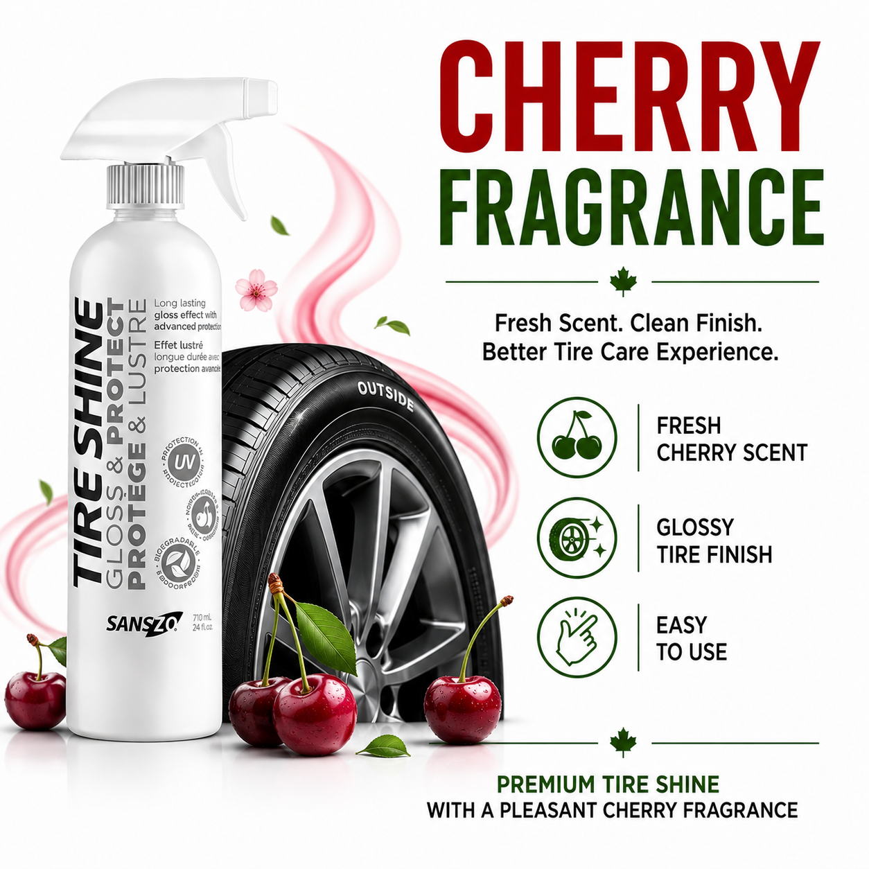SansZo Tire Shine features a cherry fragrance for a more enjoyable tire care application.