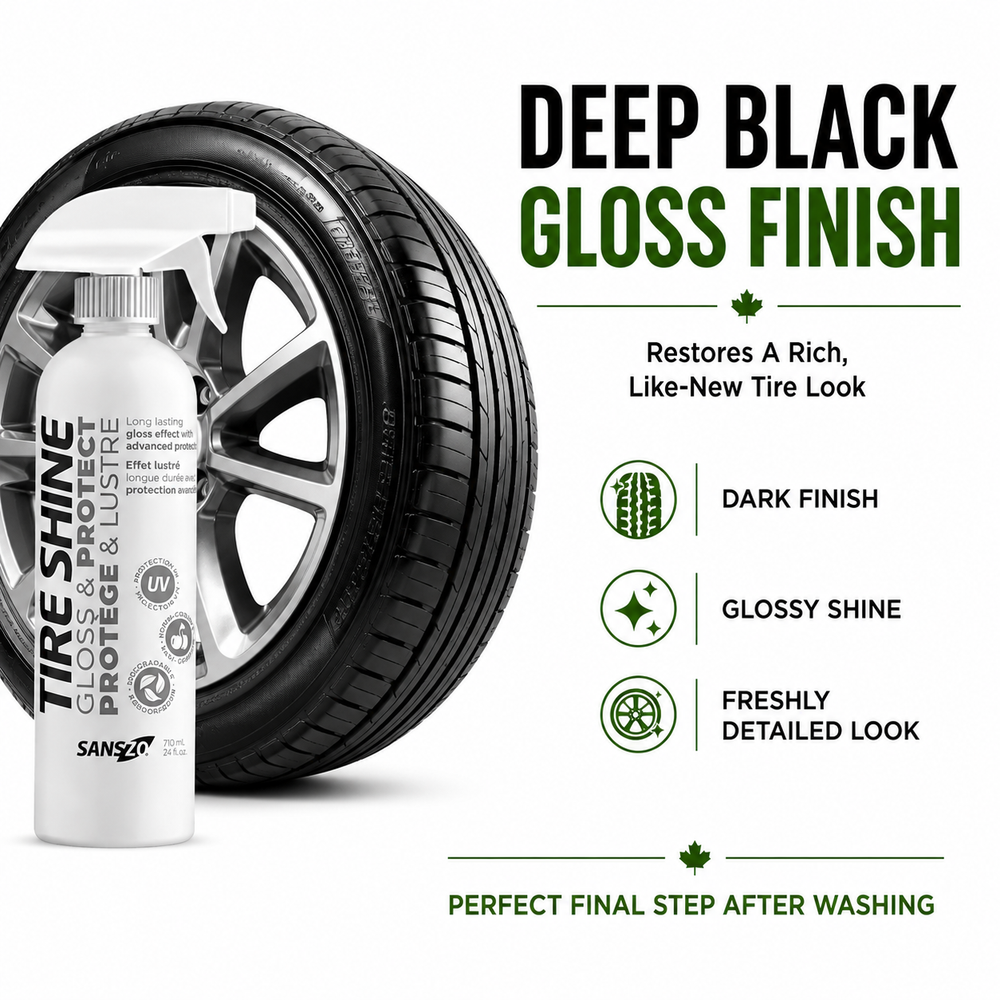 SansZo Tire Shine Spray | Water-Based Tire Dressing with Gloss Finish & UV Protection product lifestyle visual