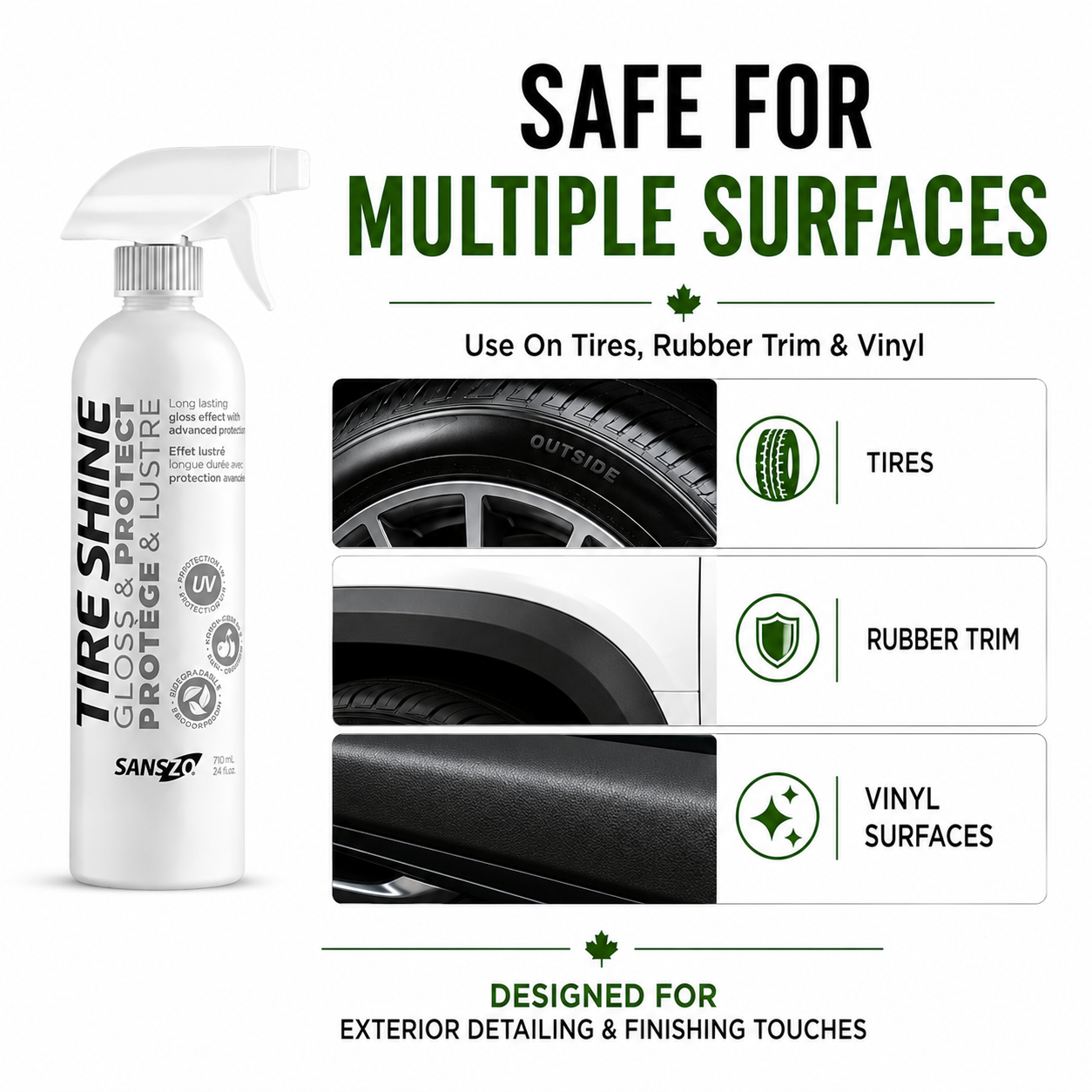 SansZo Tire Shine is suitable for tires, rubber trim and vinyl surfaces when applied properly.