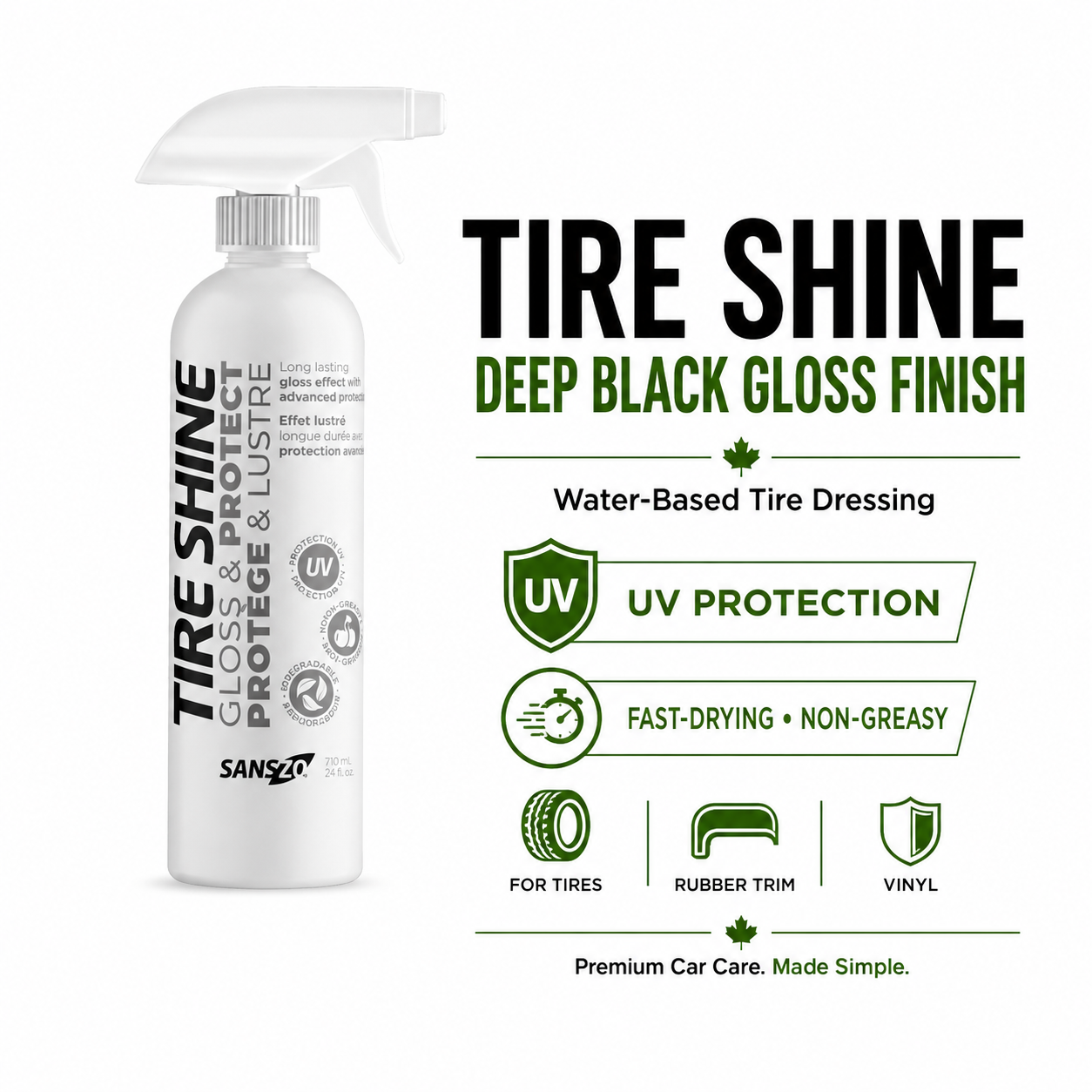 SansZo Tire Shine Spray water-based tire dressing for deep black glossy tires with UV protection