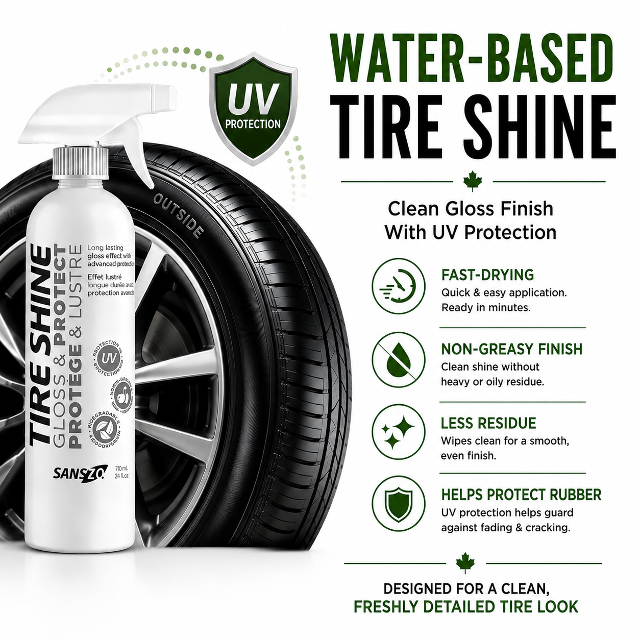 SansZo Tire Shine water-based formula provides a clean glossy non-greasy finish with UV protection for rubber tires.