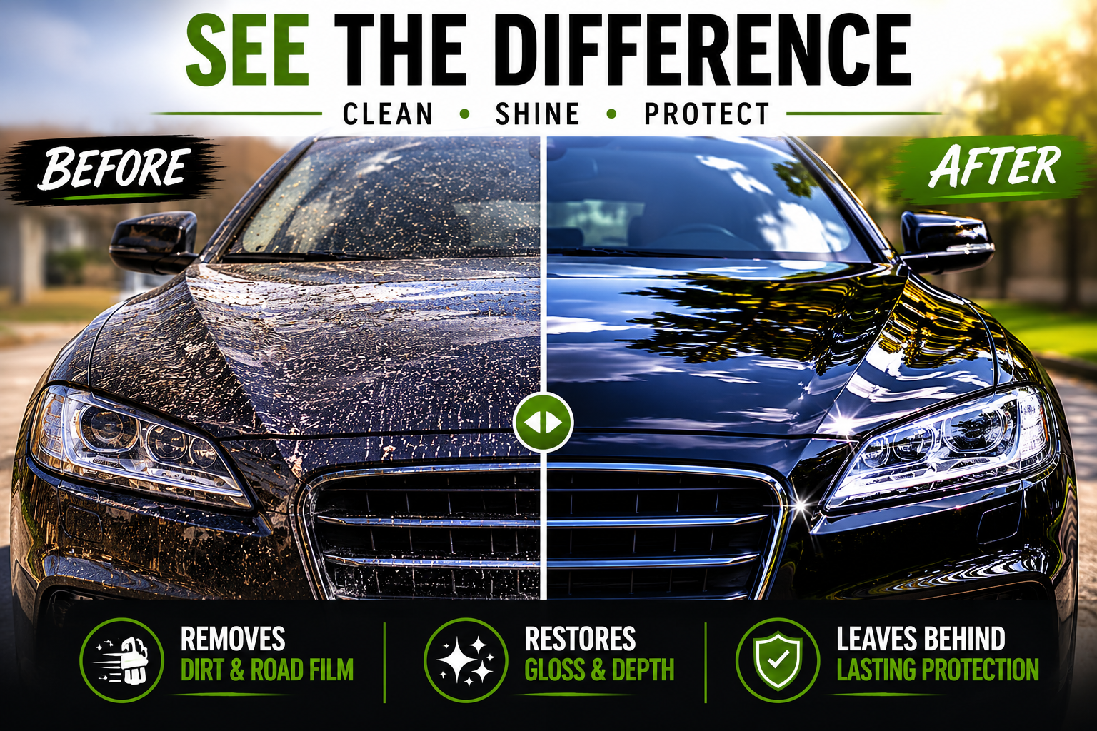 Before and after comparison showing dirt removal, restored gloss and protection using SansZo waterless car wash.