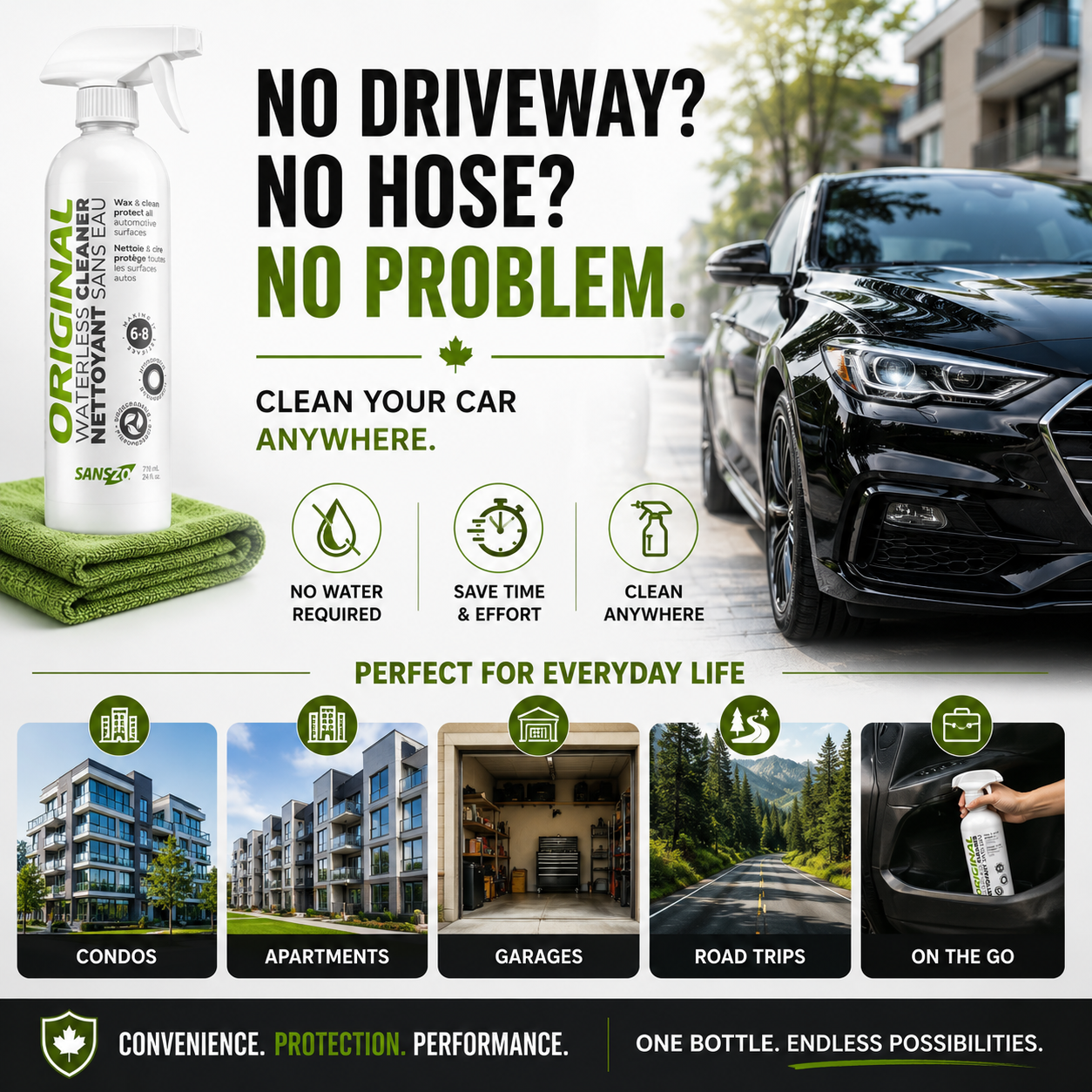No hose required waterless car wash for condos, apartments, garages, road trips and quick vehicle cleaning in Canada