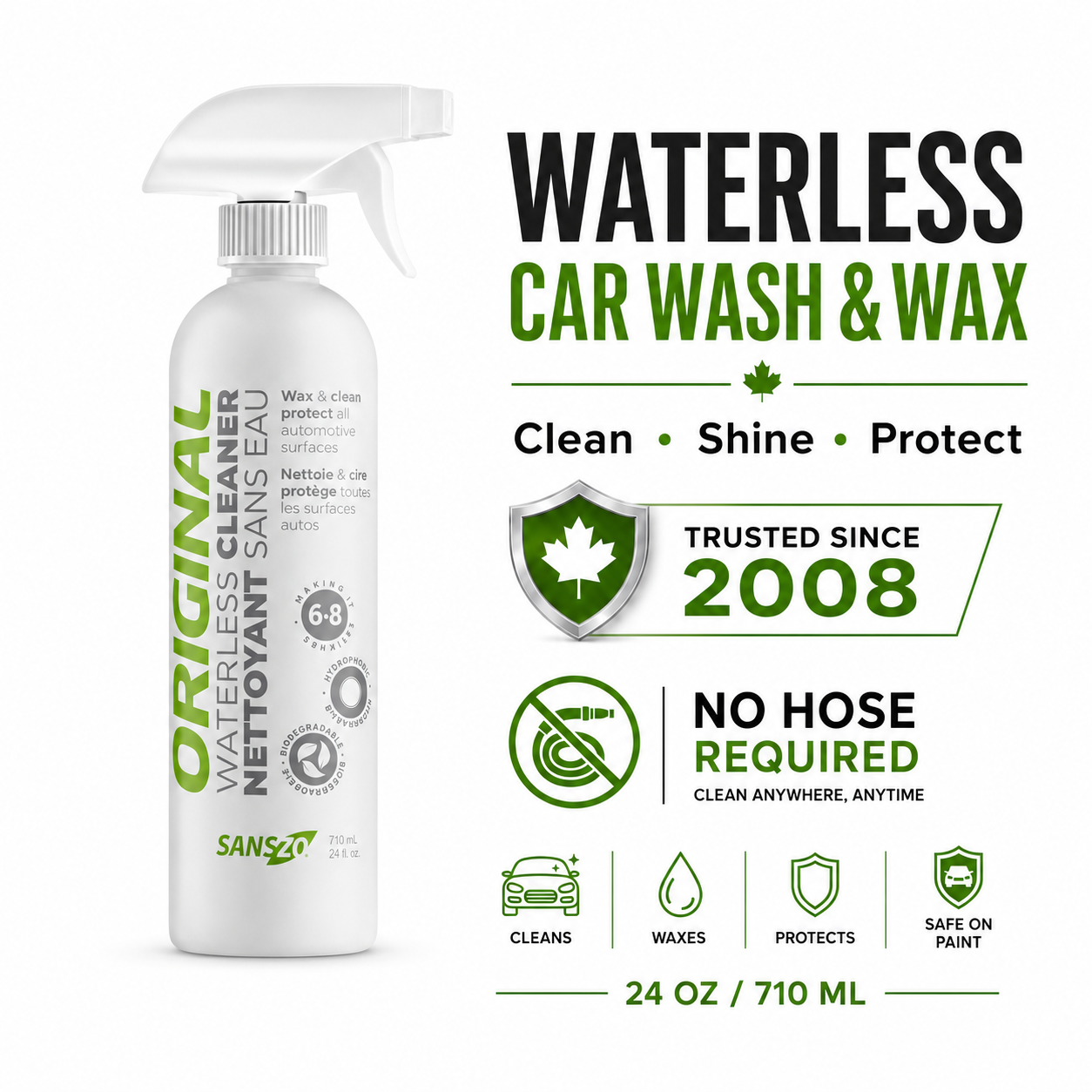 SansZo Original Waterless Car Wash and Wax Spray 24 oz bottle with no hose required car cleaning solution