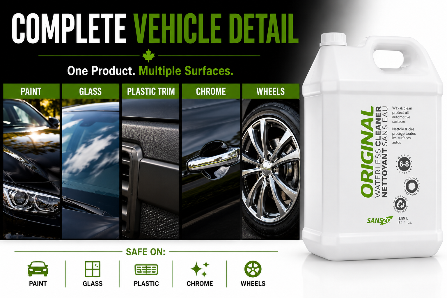 Waterless car wash safe for paint, glass, plastic trim, chrome and wheels with one complete vehicle care solution.