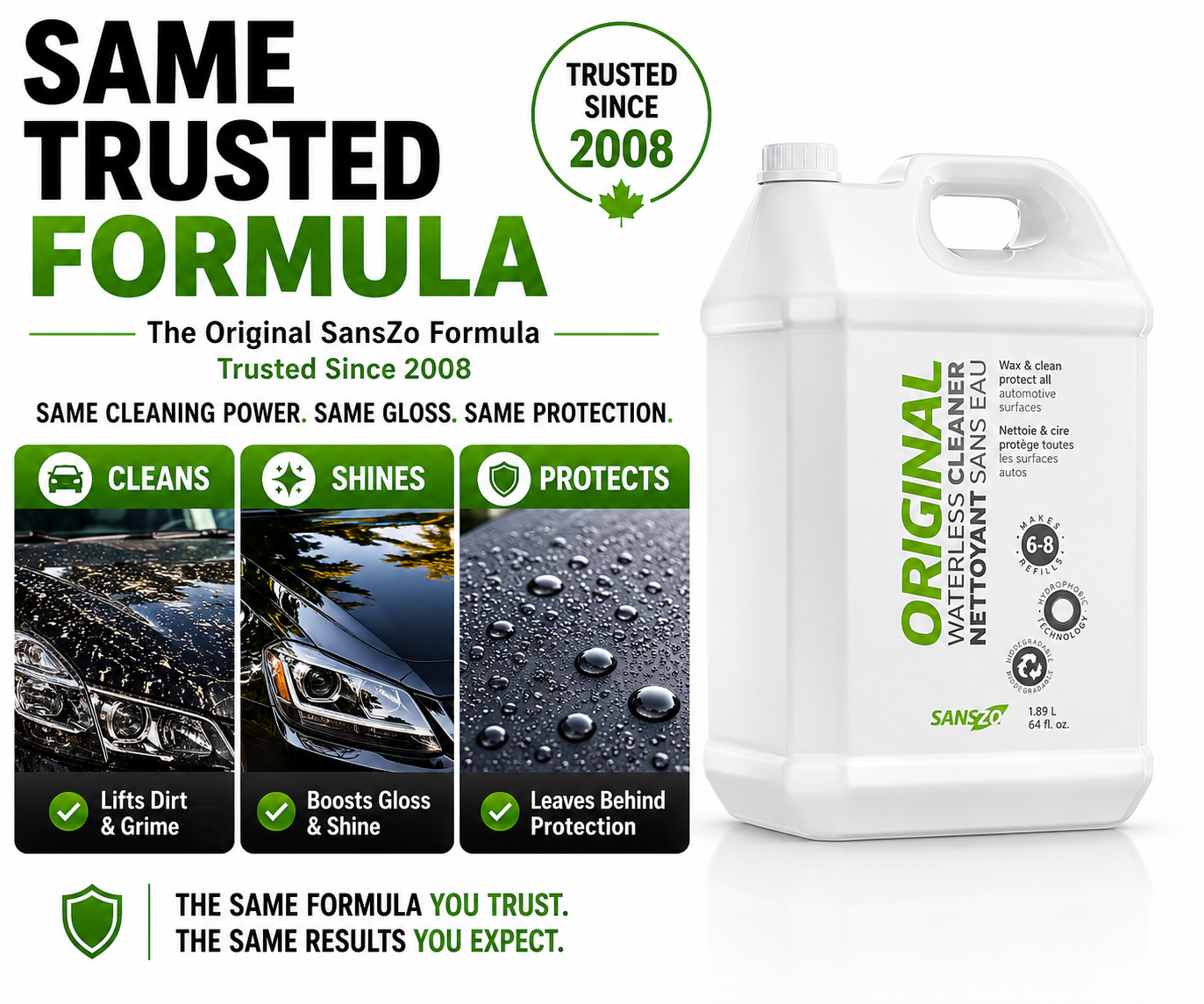 SansZo Original Waterless 64 oz refill contains the same trusted waterless car wash formula used since 2008.